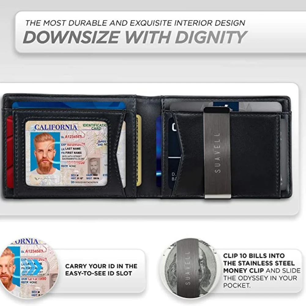 SUAVELL ODYSSEY Leather Men's Minimalist Wallet Credit Card Holder & Money Clip.
